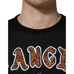 Black Angel Print Cotton Crew Neck T-shirt