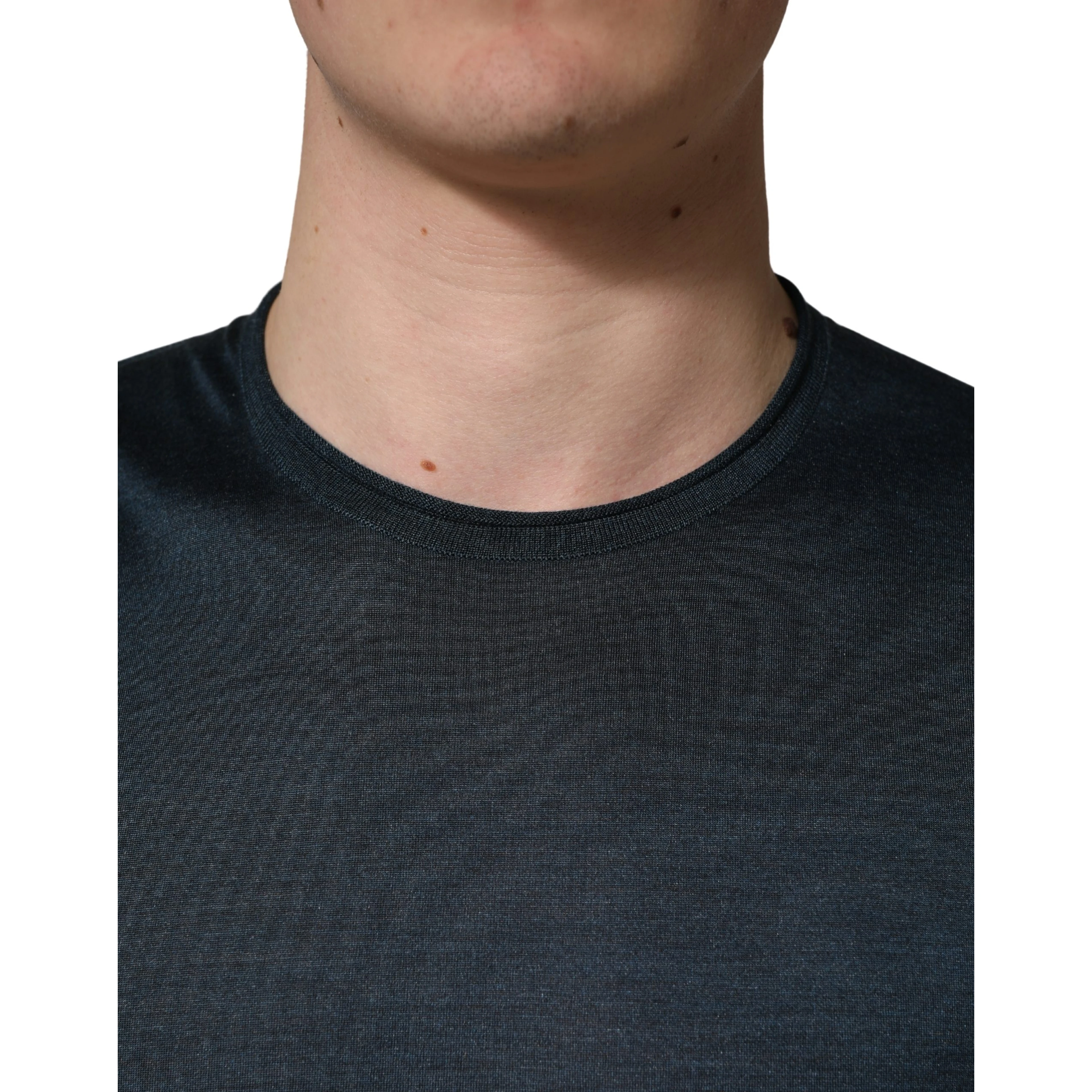 Dark Blue Silk Crew Neck Short Sleeve T-shirt
