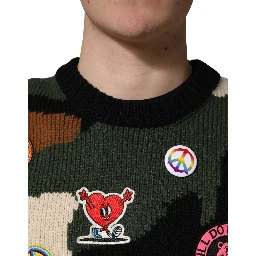 Multicolor Intarsia Knit Camouflage Pullover Sweater