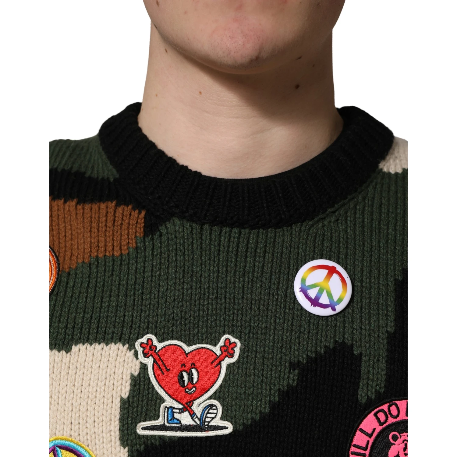Multicolor Intarsia Knit Camouflage Pullover Sweater