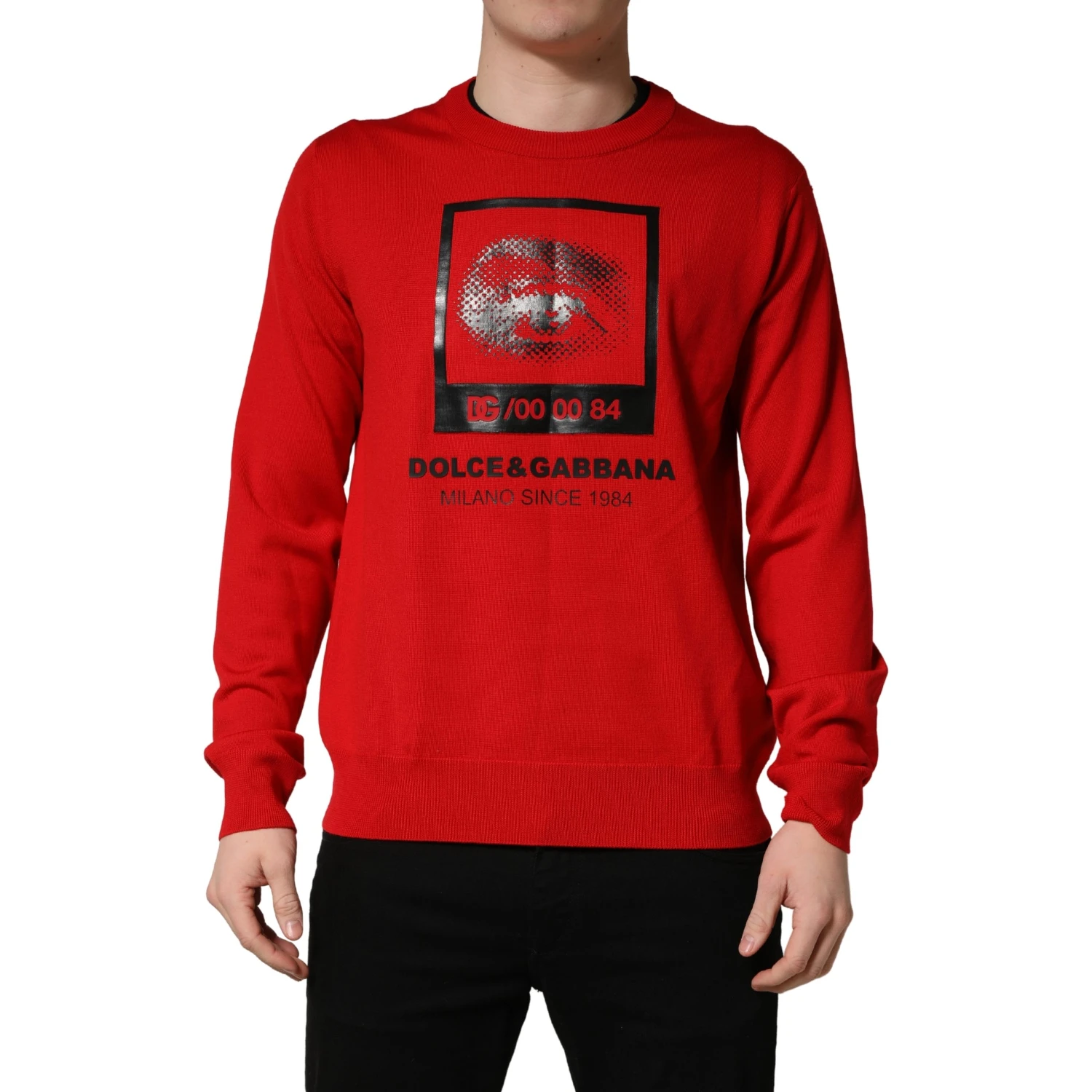 Red Eye Print Crew Neck Pullover Sweater