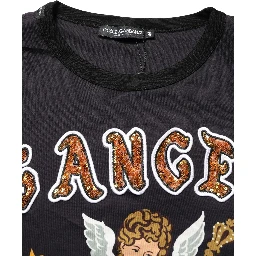 Black Angel Print Cotton Crew Neck T-shirt