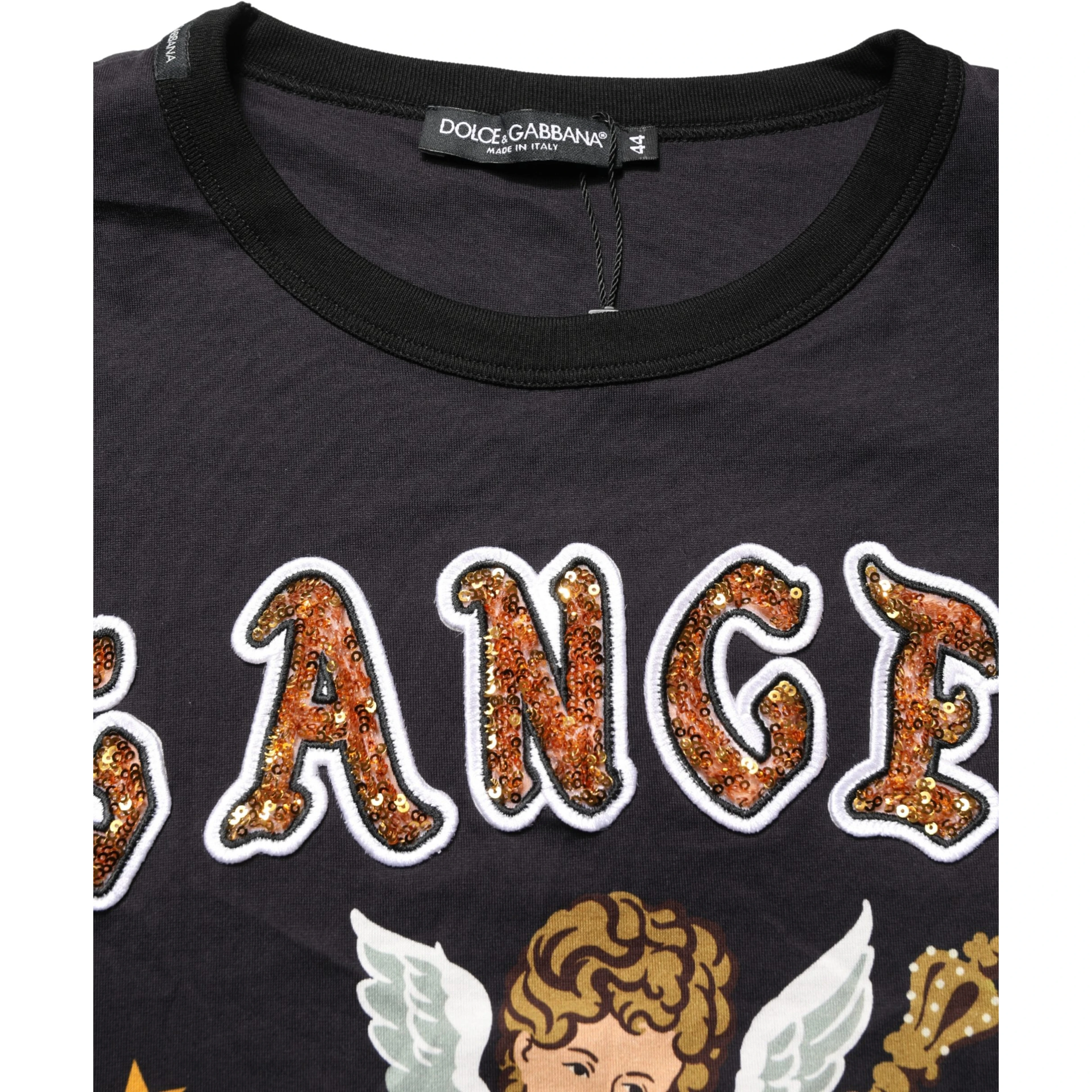 Black Angel Print Cotton Crew Neck T-shirt
