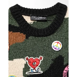 Multicolor Intarsia Knit Camouflage Pullover Sweater