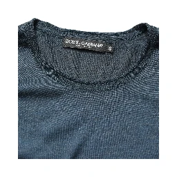 Dark Blue Silk Crew Neck Short Sleeve T-shirt