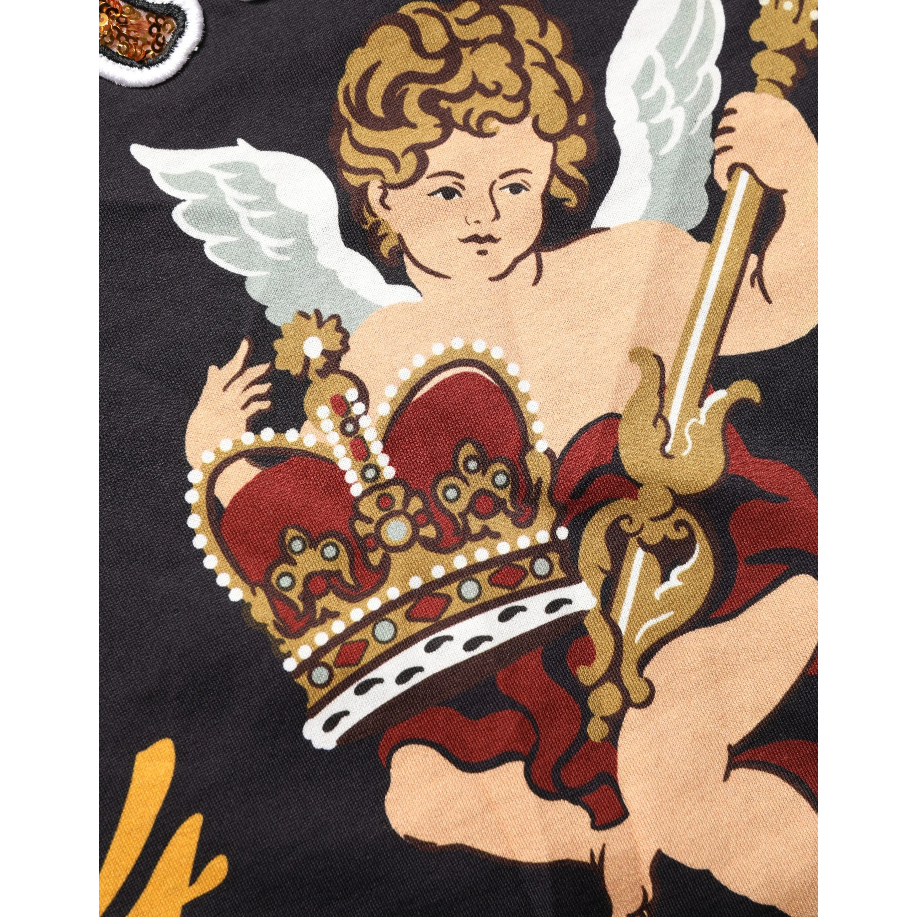 Black Angel Print Cotton Crew Neck T-shirt