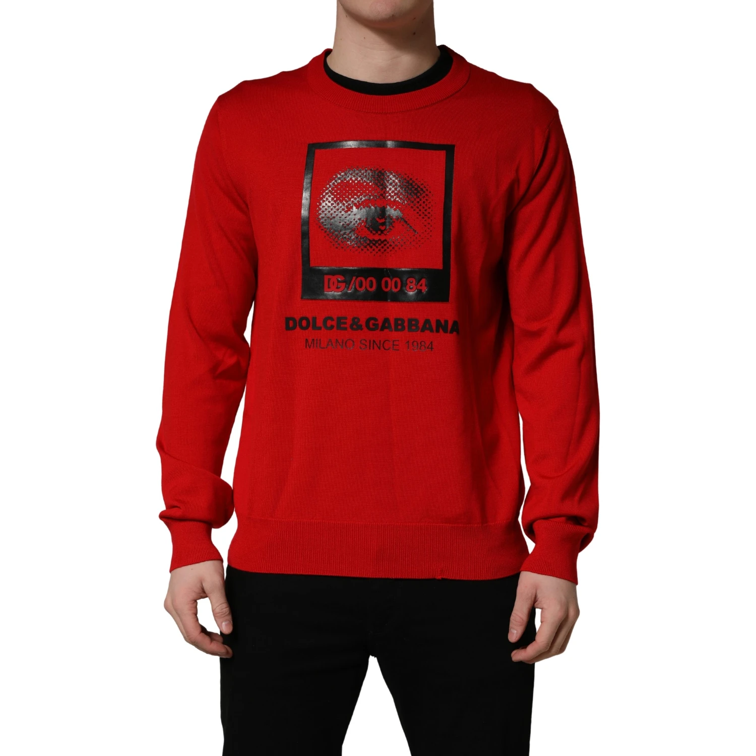 Red Eye Print Crew Neck Pullover Sweater