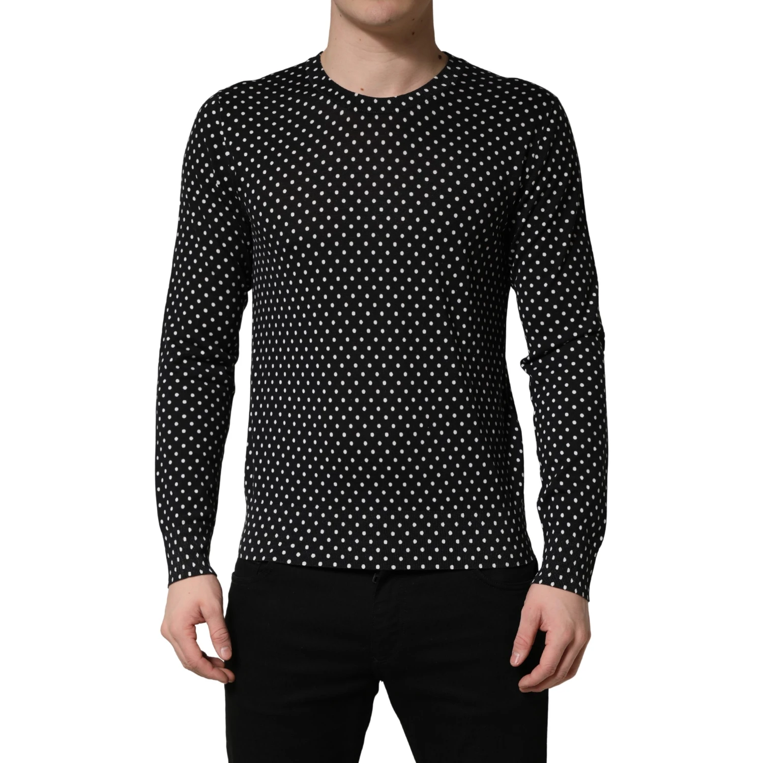 Black Polka Dot Crew Neck Pullover Sweater