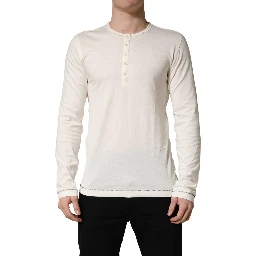 White Long Sleeves Henley Pullover Sweater