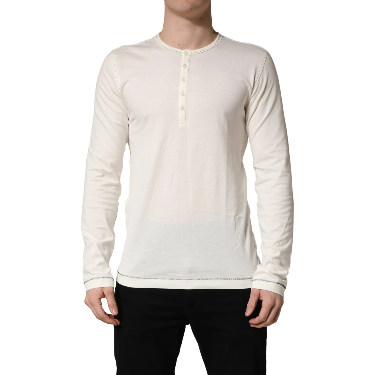 White Long Sleeves Henley Pullover Sweater