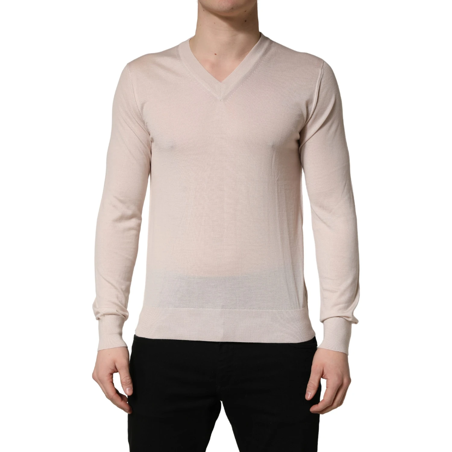 Beige Cashmere V-neck Men Pullover Sweater