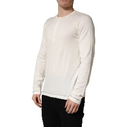 White Long Sleeves Henley Pullover Sweater