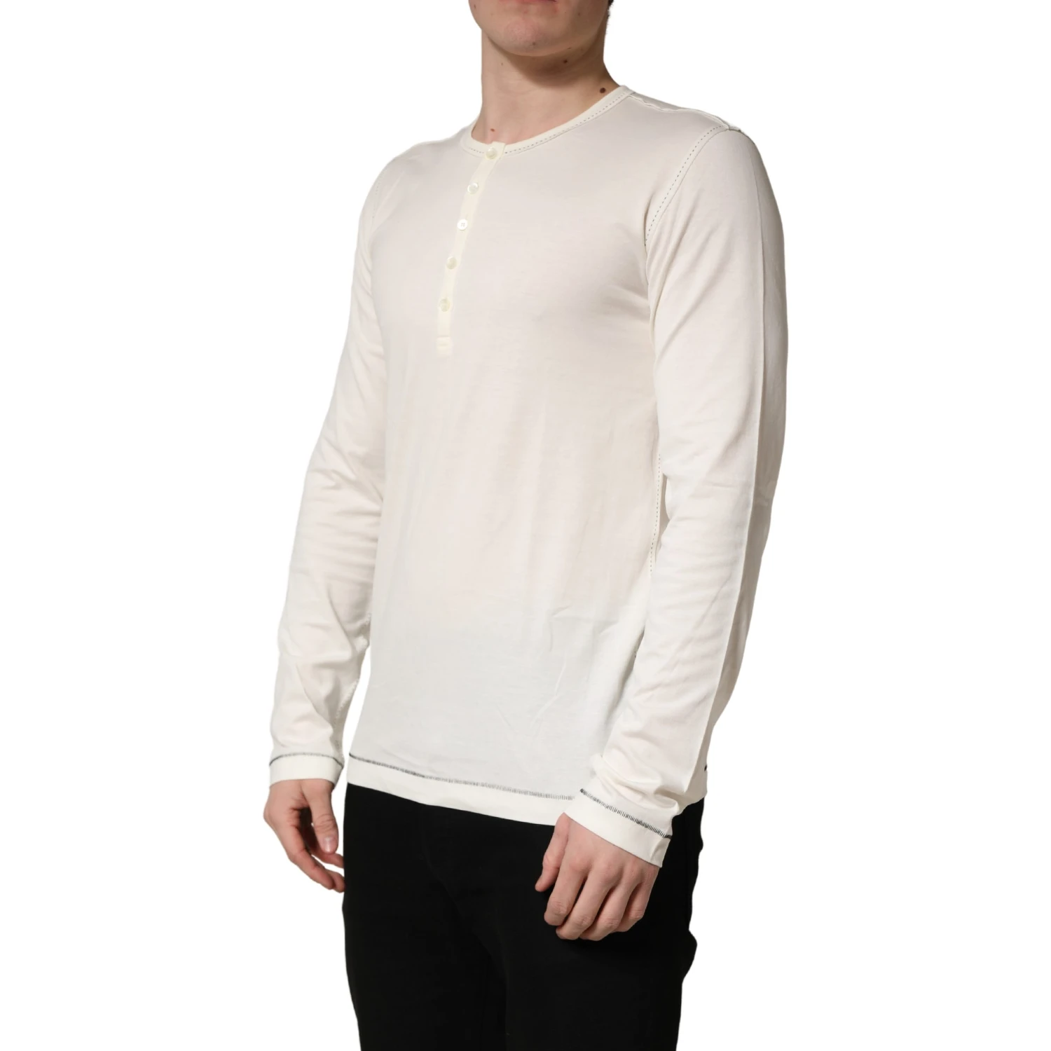 White Long Sleeves Henley Pullover Sweater