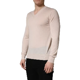 Beige Cashmere V-neck Men Pullover Sweater