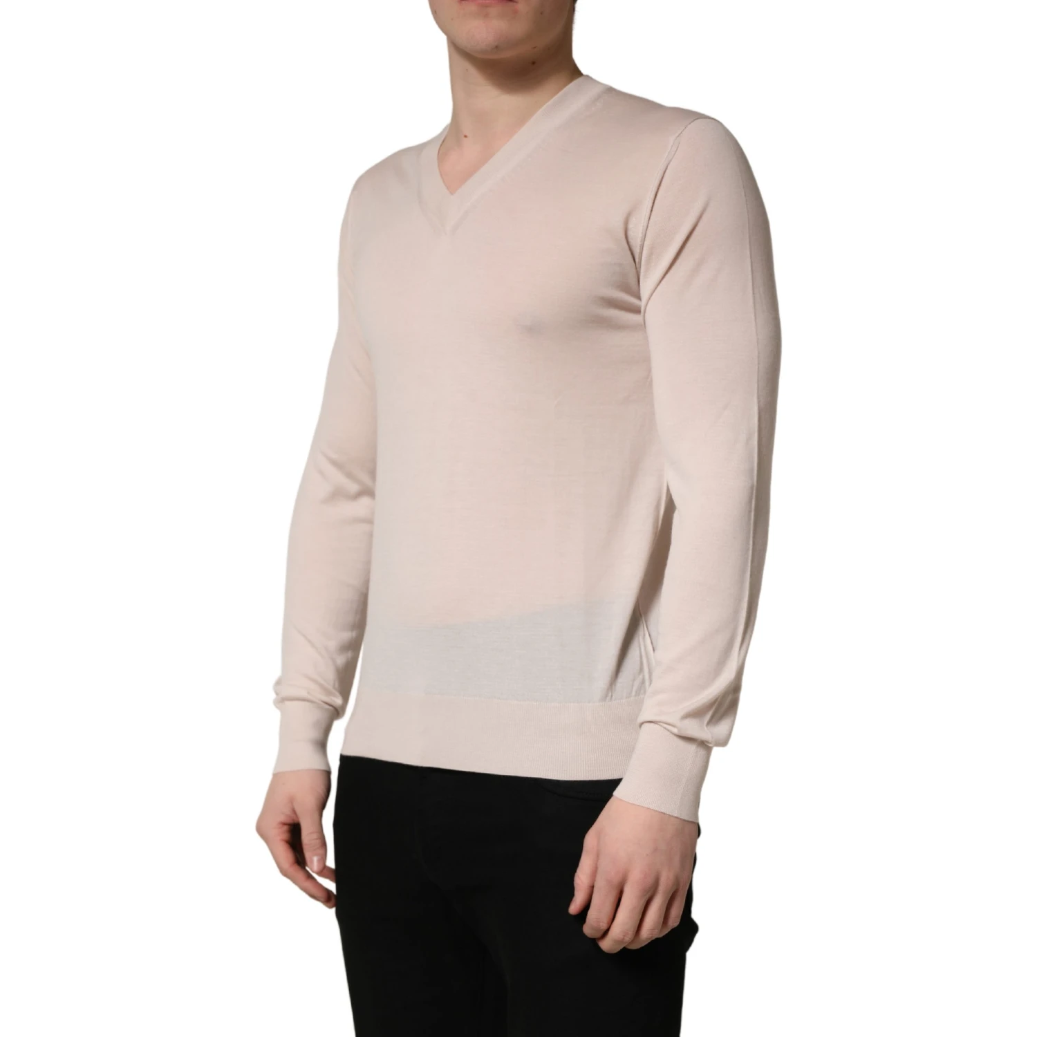 Beige Cashmere V-neck Men Pullover Sweater