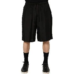 Black Silk Drawstring Men Bermuda Shorts