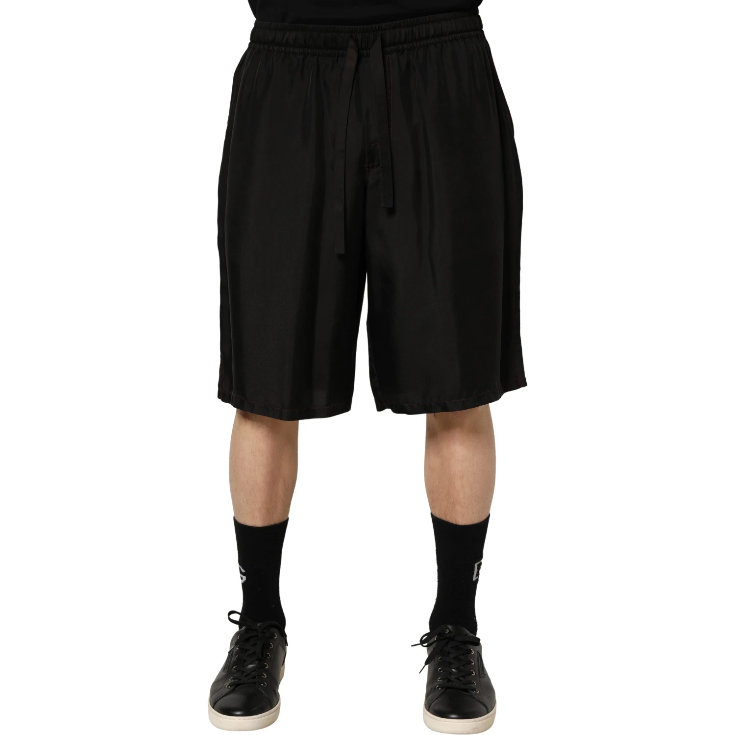 Black Silk Drawstring Men Bermuda Shorts