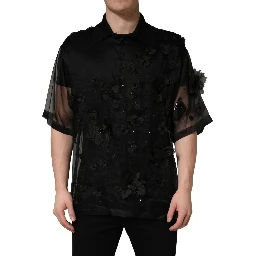 Black Floral Applique Sheer Short Sleeve Shirt