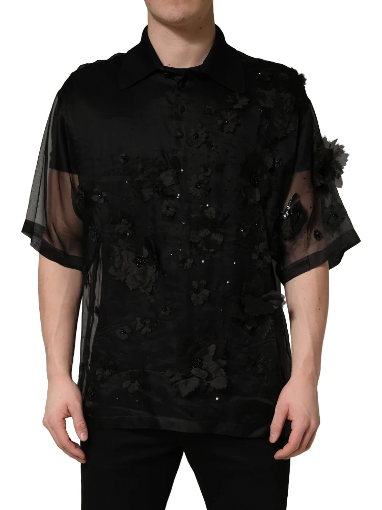 Black Floral Applique Sheer Short Sleeve Shirt