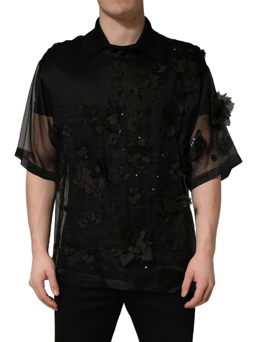 Black Floral Applique Sheer Short Sleeve Shirt