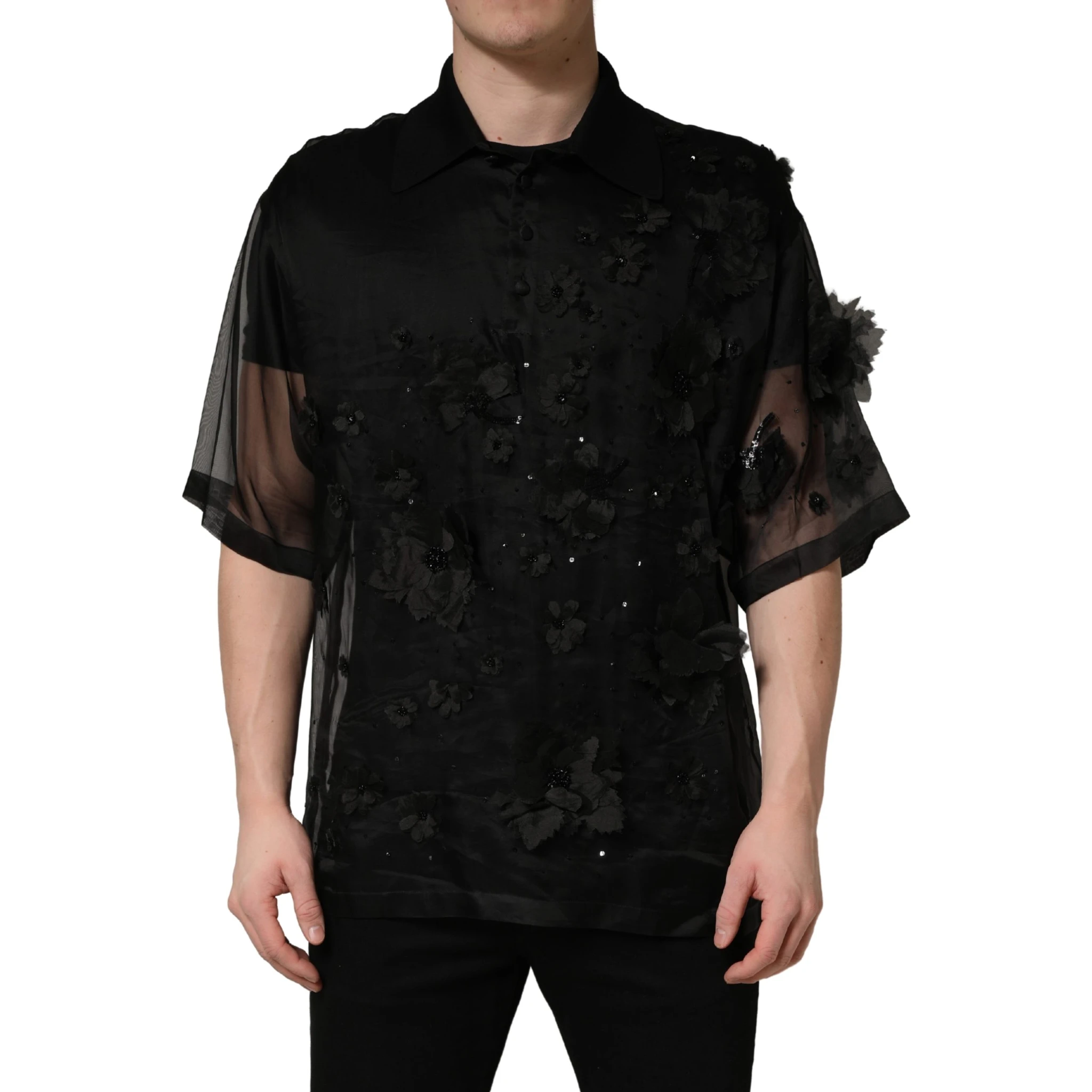 Black Floral Applique Sheer Short Sleeve Shirt