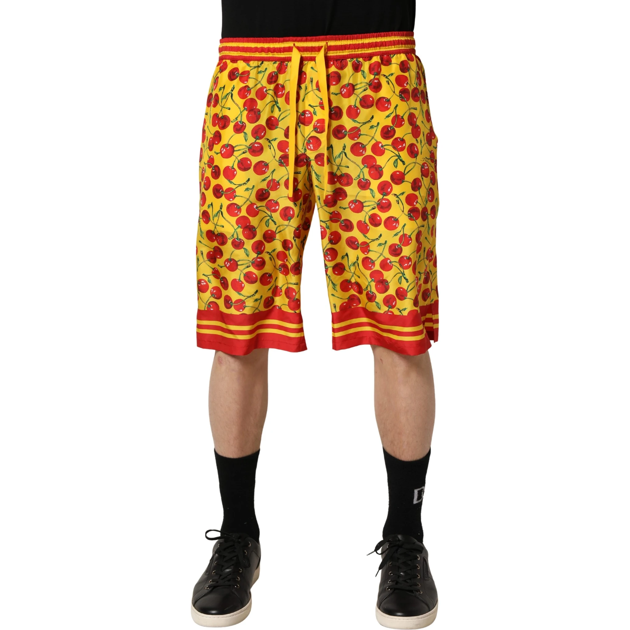 Yellow Red Cherry Print Silk Bermuda Shorts