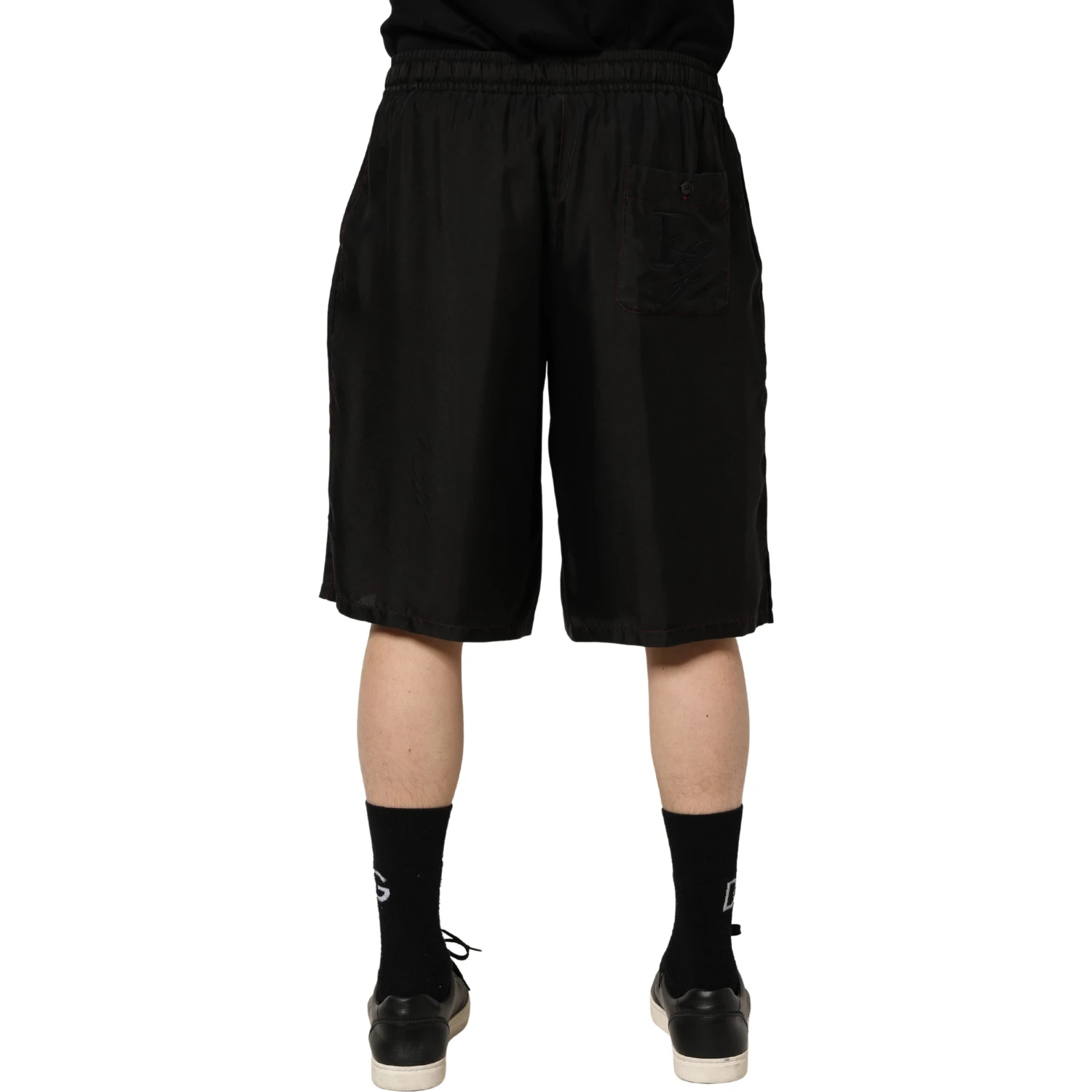Black Silk Drawstring Men Bermuda Shorts