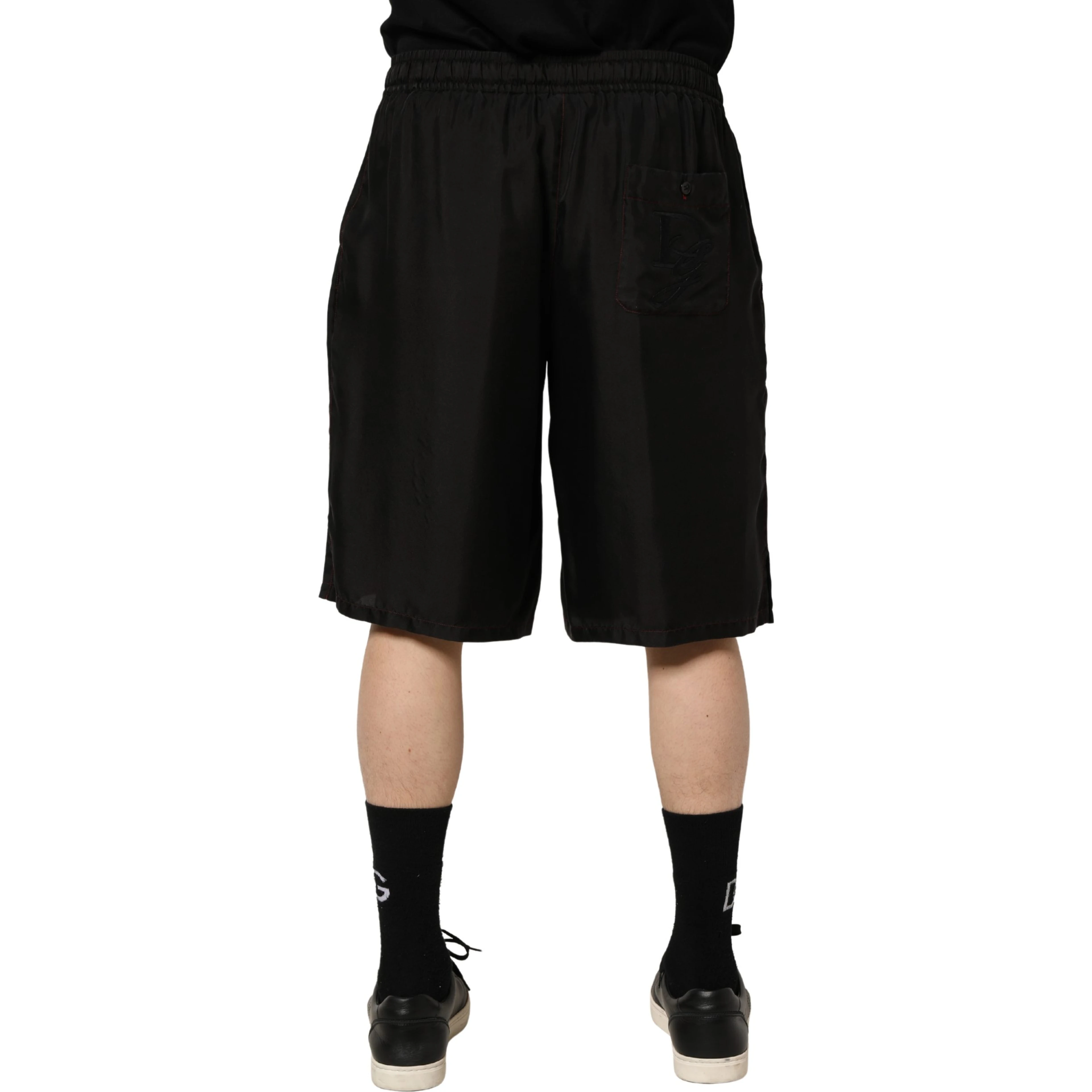 Black Silk Drawstring Men Bermuda Shorts