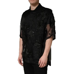Black Floral Applique Sheer Short Sleeve Shirt