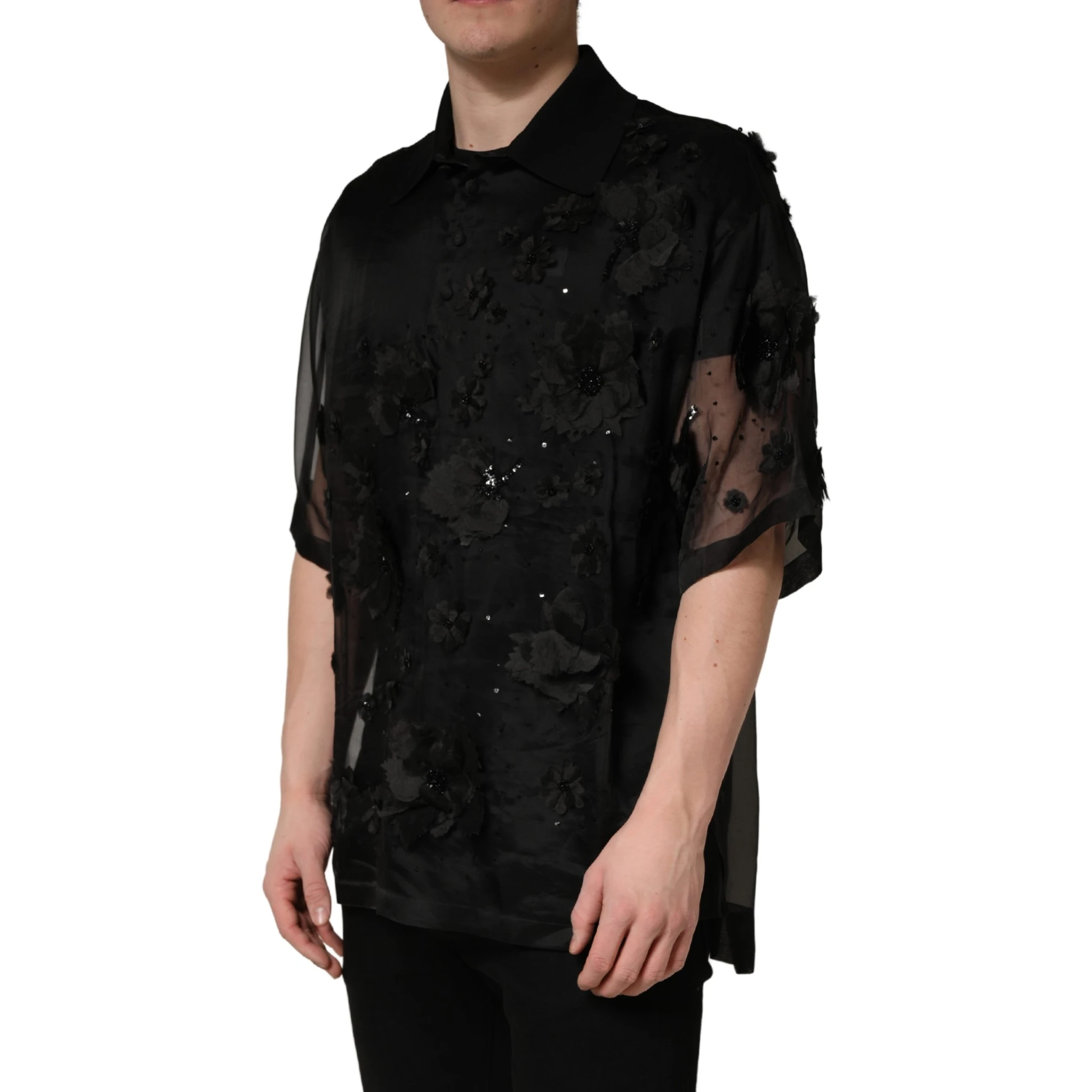 Black Floral Applique Sheer Short Sleeve Shirt