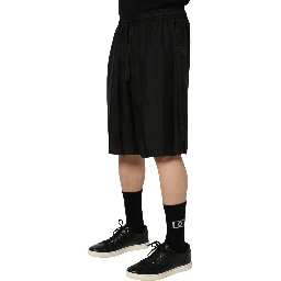 Black Silk Drawstring Men Bermuda Shorts