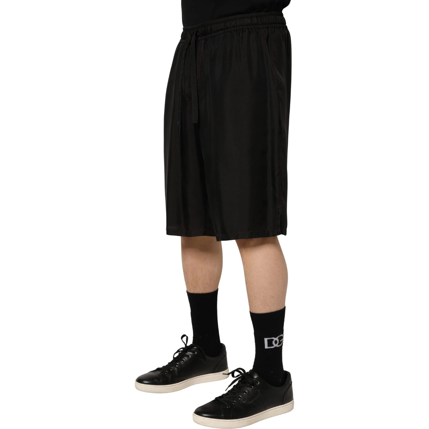 Black Silk Drawstring Men Bermuda Shorts