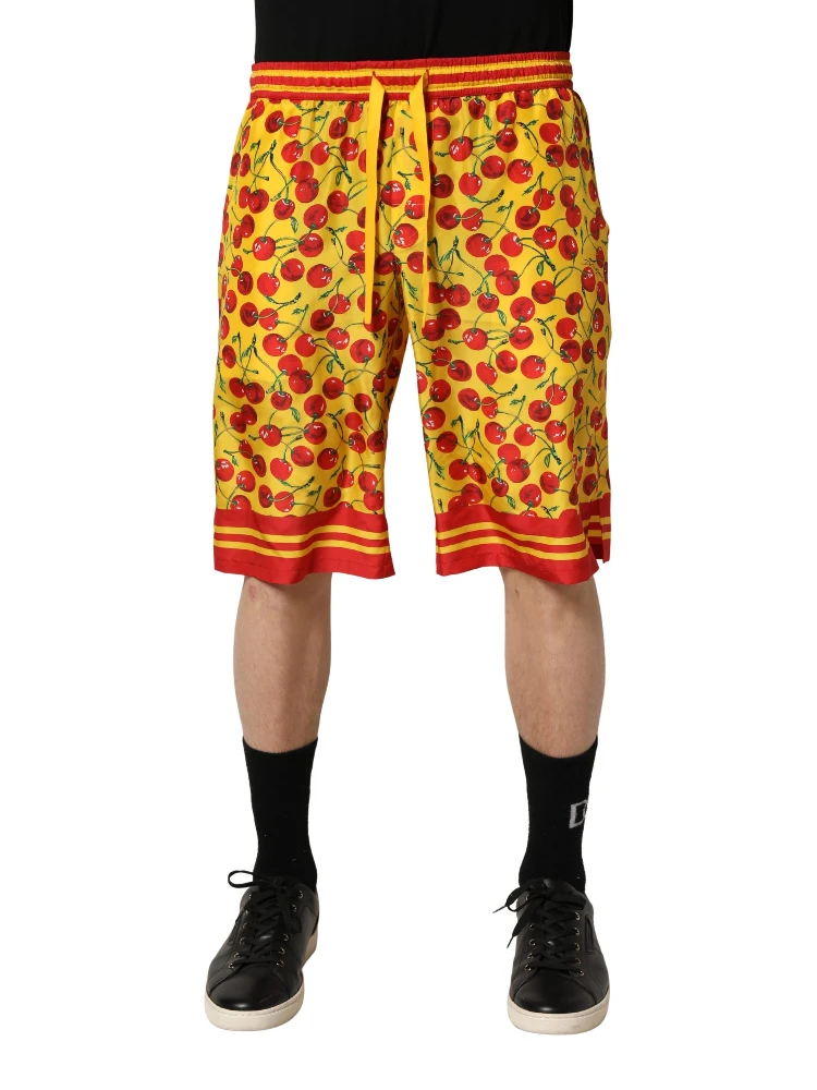 Yellow Red Cherry Print Silk Bermuda Shorts alternative