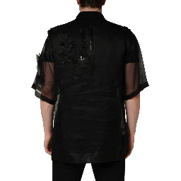 Black Floral Applique Sheer Short Sleeve Shirt