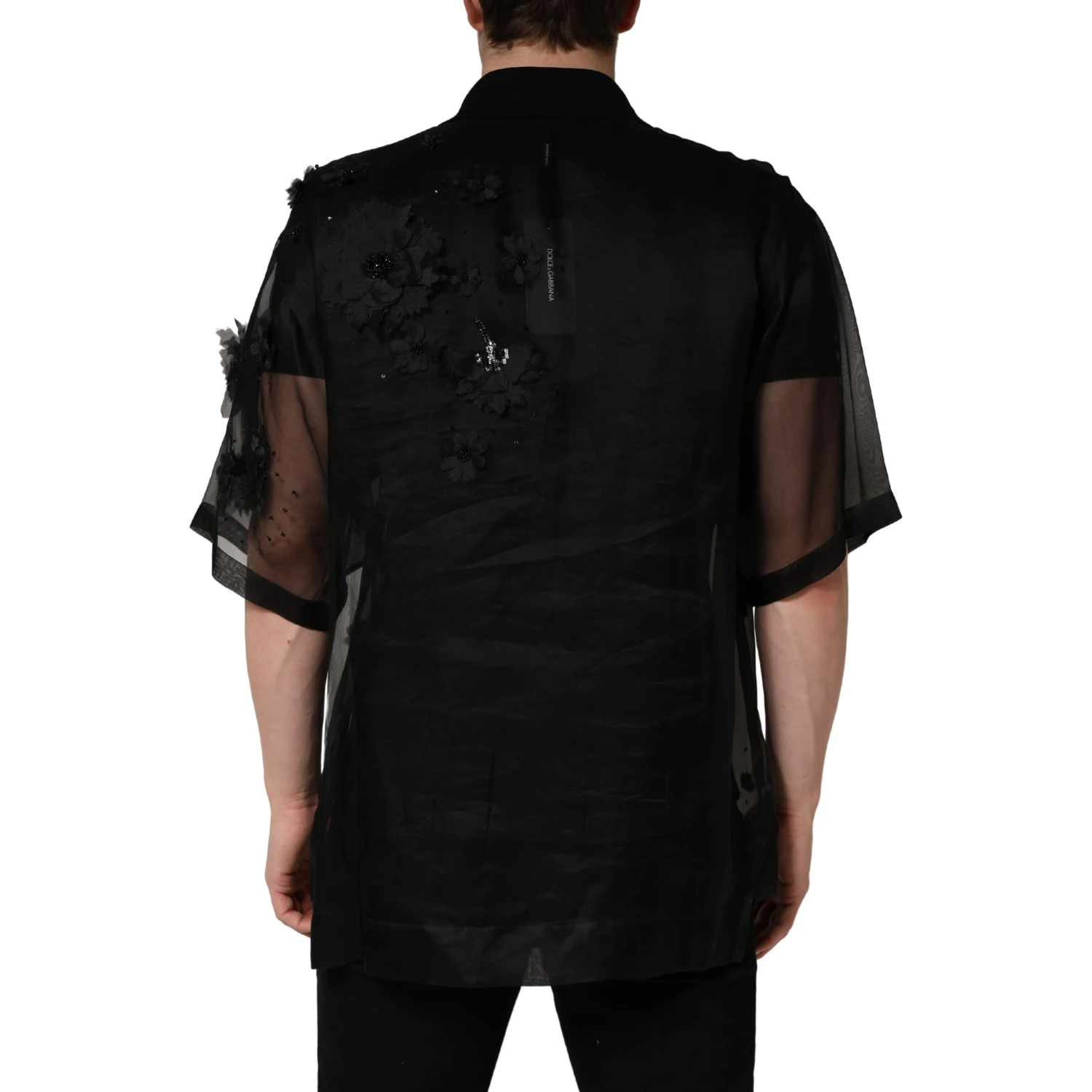 Black Floral Applique Sheer Short Sleeve Shirt