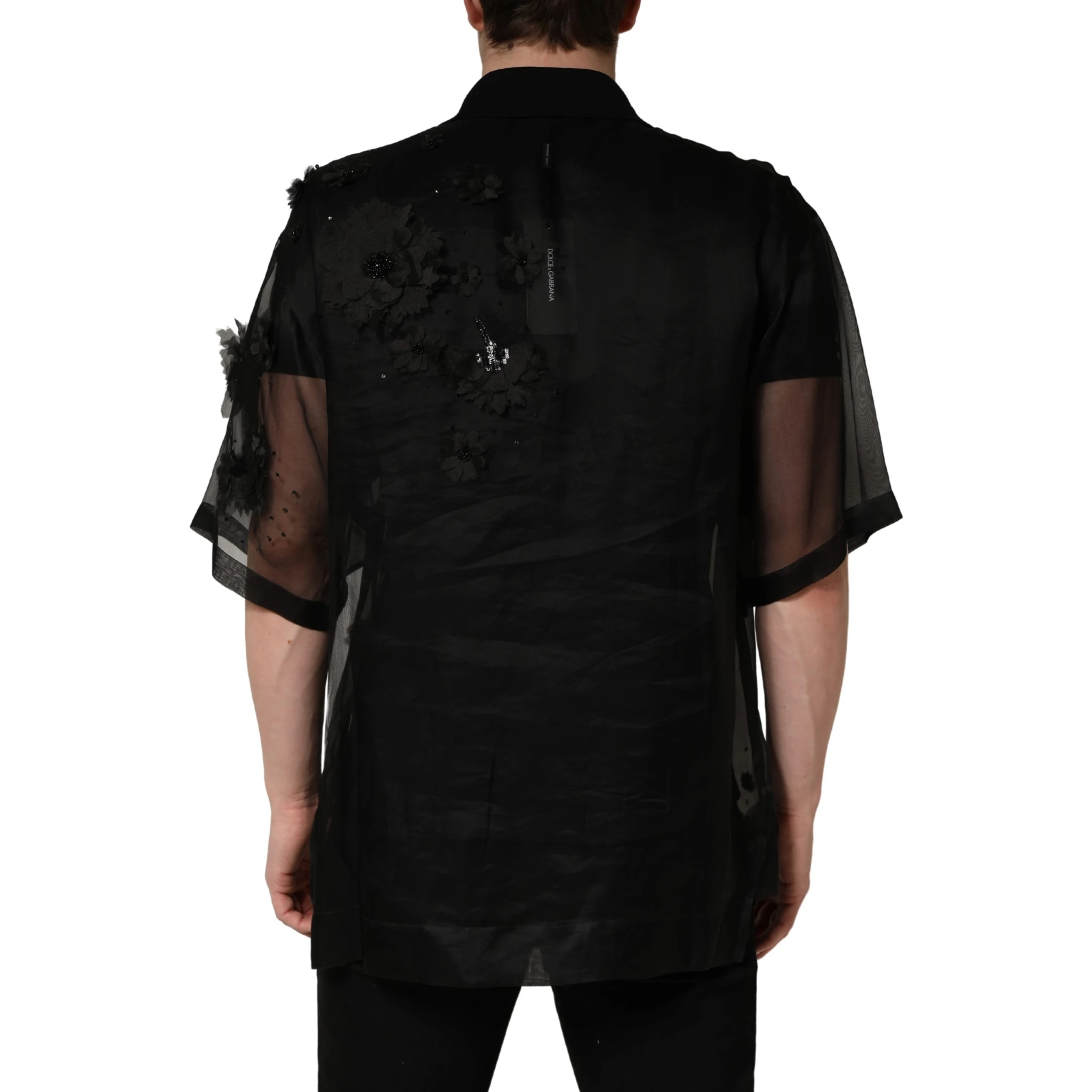Black Floral Applique Sheer Short Sleeve Shirt