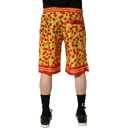 Yellow Red Cherry Print Silk Bermuda Shorts