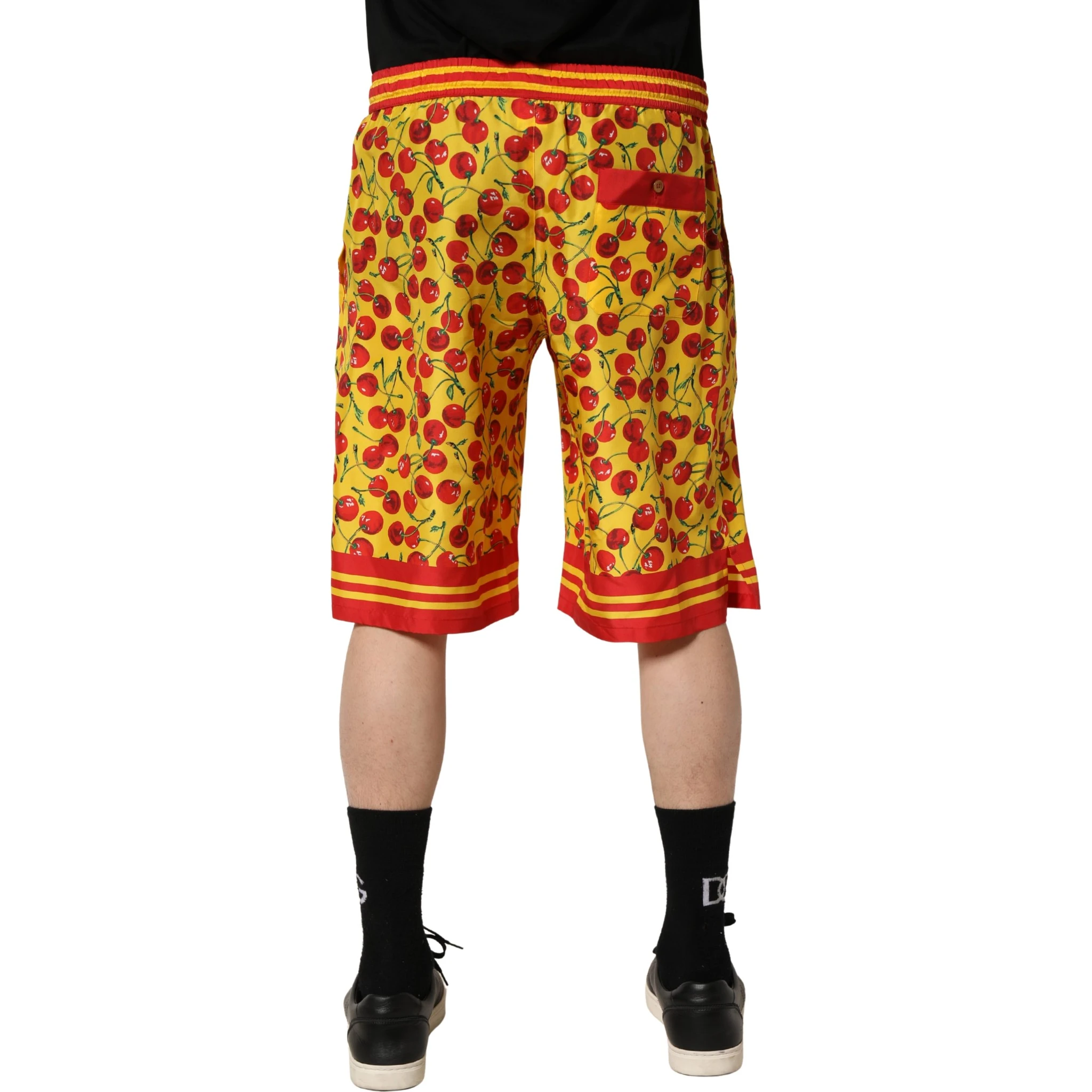Yellow Red Cherry Print Silk Bermuda Shorts
