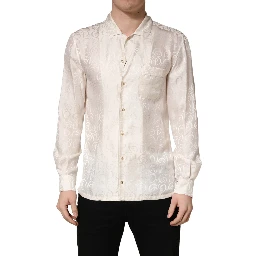 White Silk Long Sleeve Tonal Logo Print Shirt