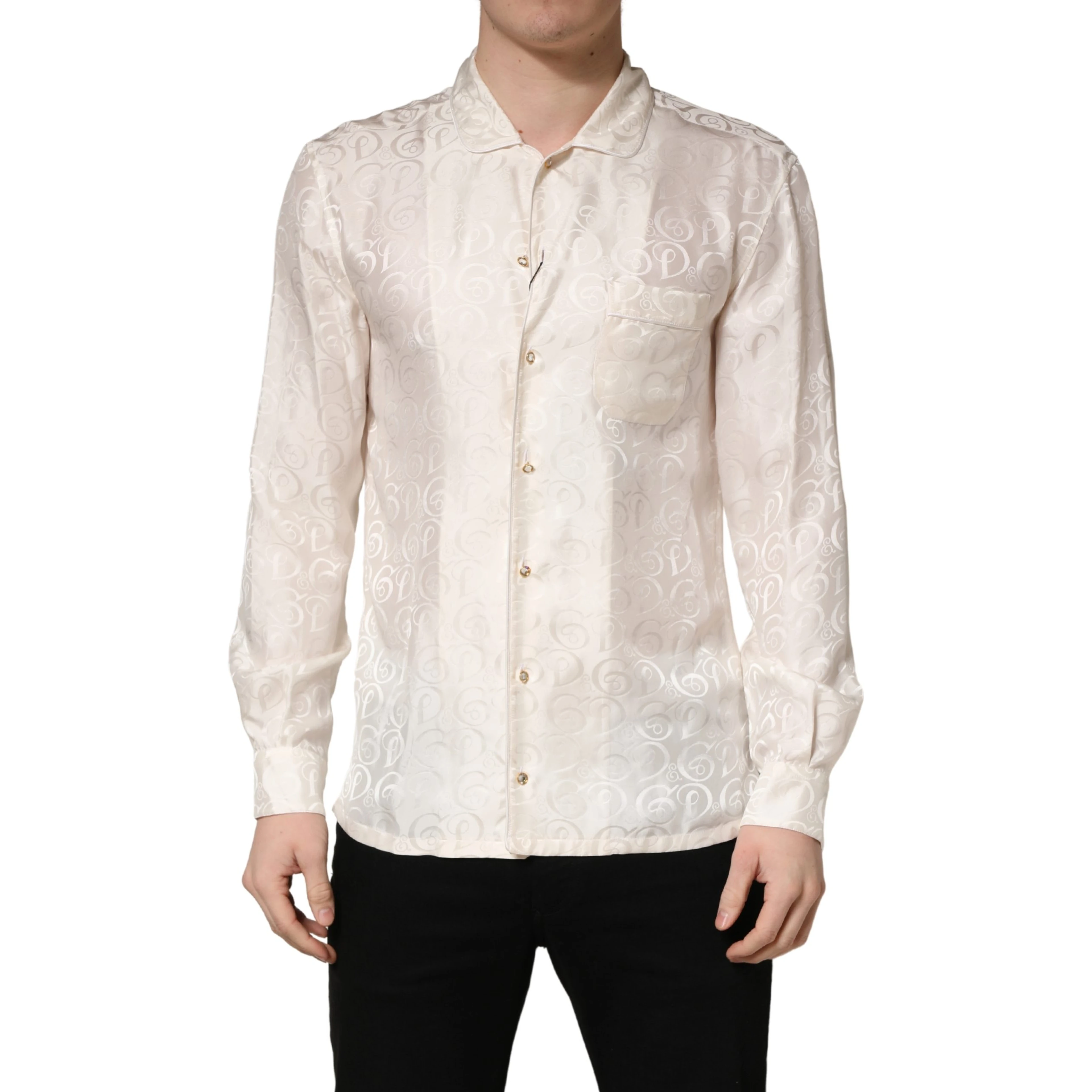 White Silk Long Sleeve Tonal Logo Print Shirt