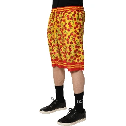 Yellow Red Cherry Print Silk Bermuda Shorts