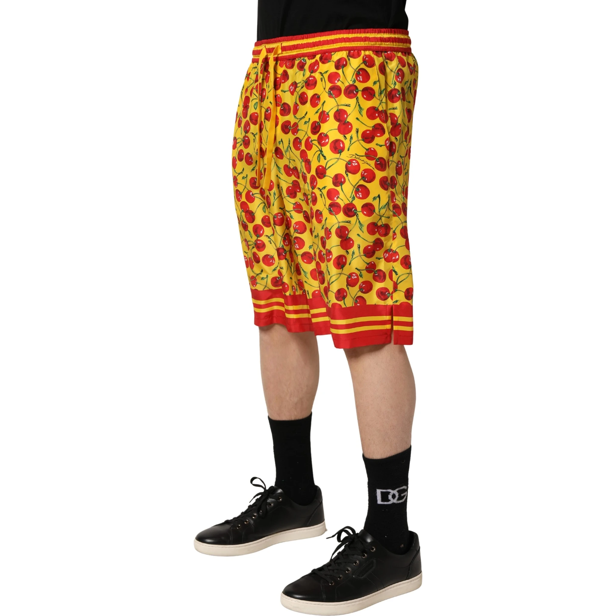 Yellow Red Cherry Print Silk Bermuda Shorts