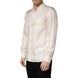White Silk Long Sleeve Tonal Logo Print Shirt