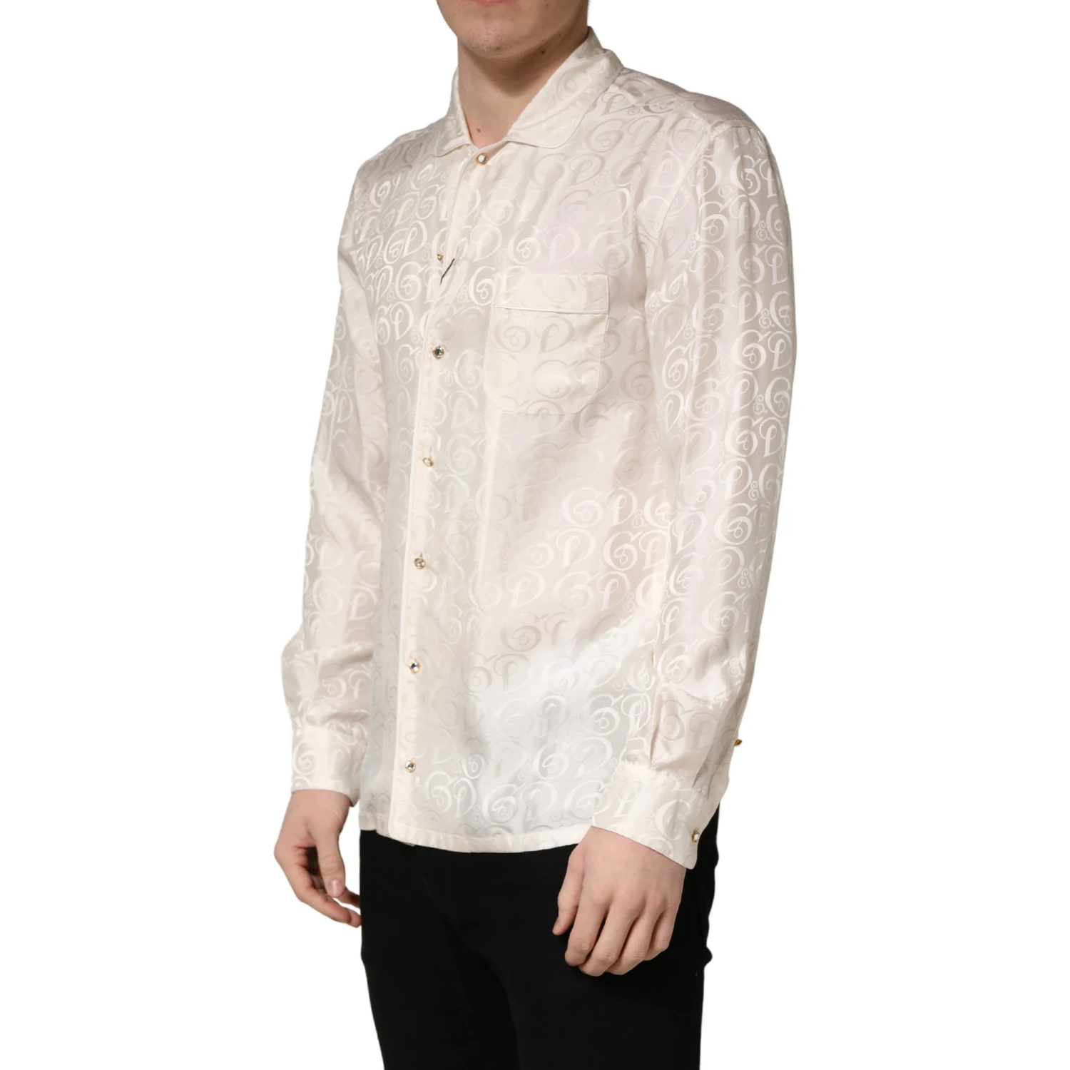 White Silk Long Sleeve Tonal Logo Print Shirt