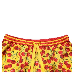 Yellow Red Cherry Print Silk Bermuda Shorts