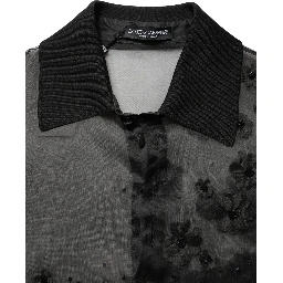 Black Floral Applique Sheer Short Sleeve Shirt