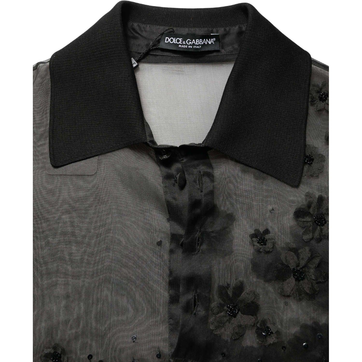 Black Floral Applique Sheer Short Sleeve Shirt
