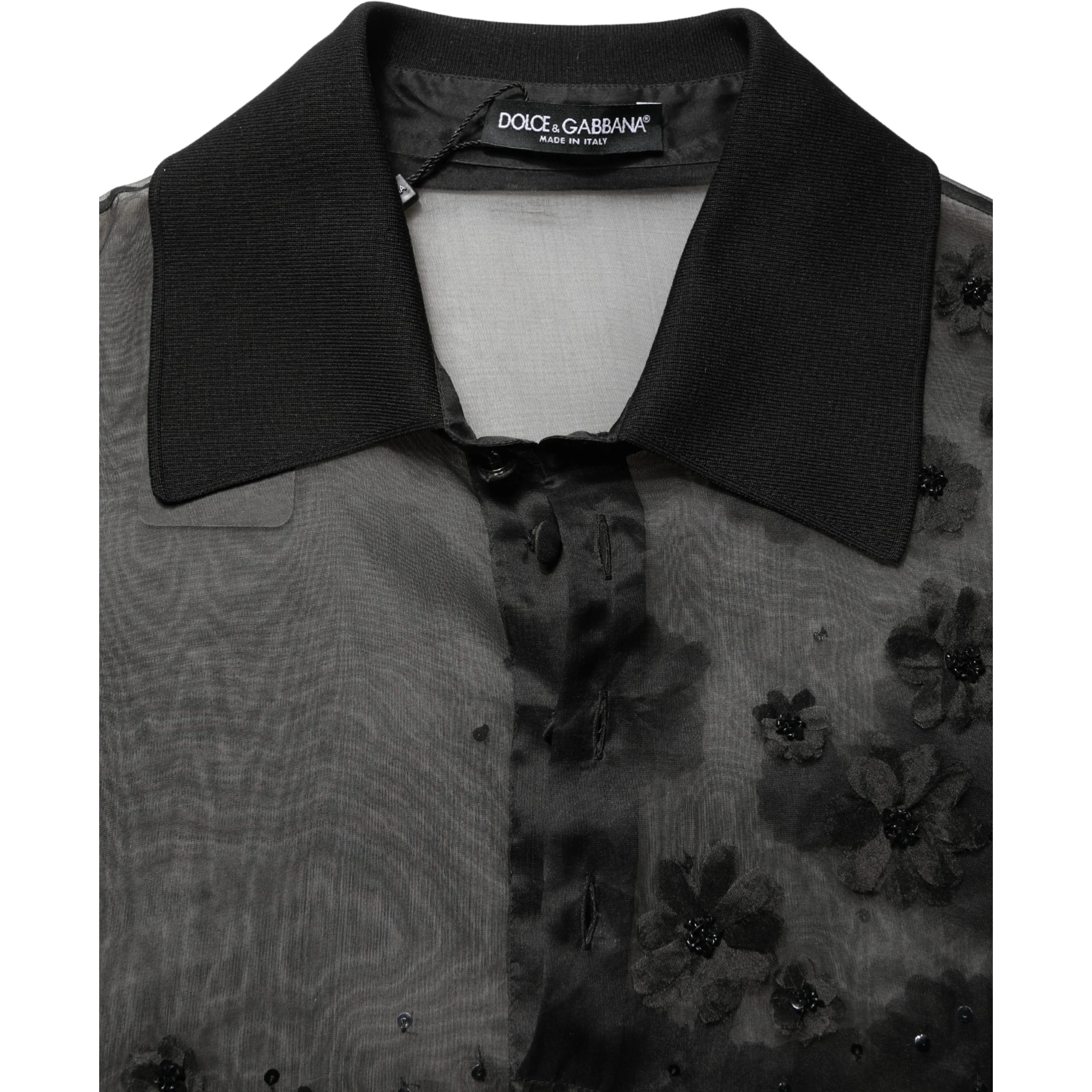 Black Floral Applique Sheer Short Sleeve Shirt