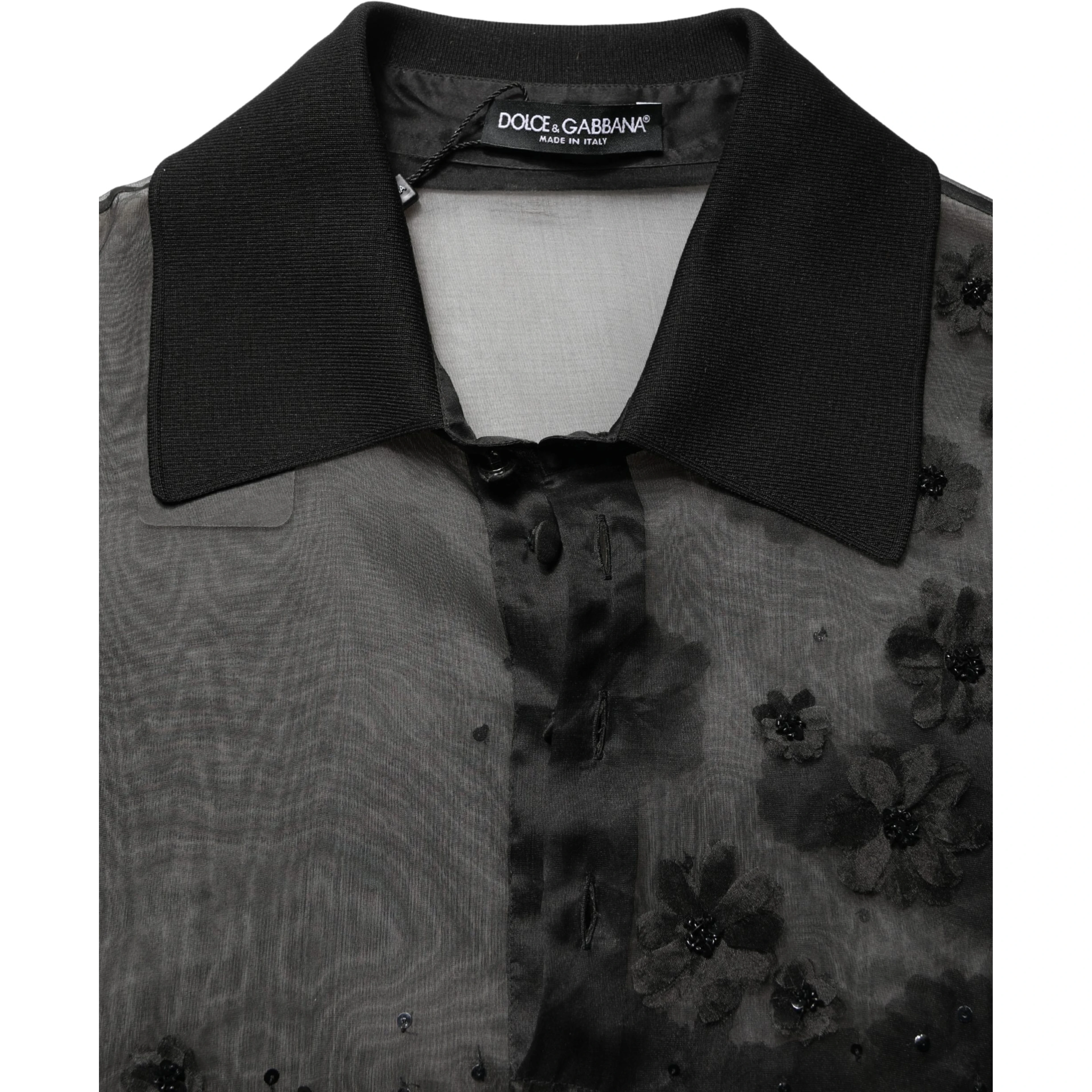 Black Floral Applique Sheer Short Sleeve Shirt