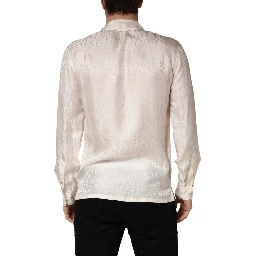White Silk Long Sleeve Tonal Logo Print Shirt